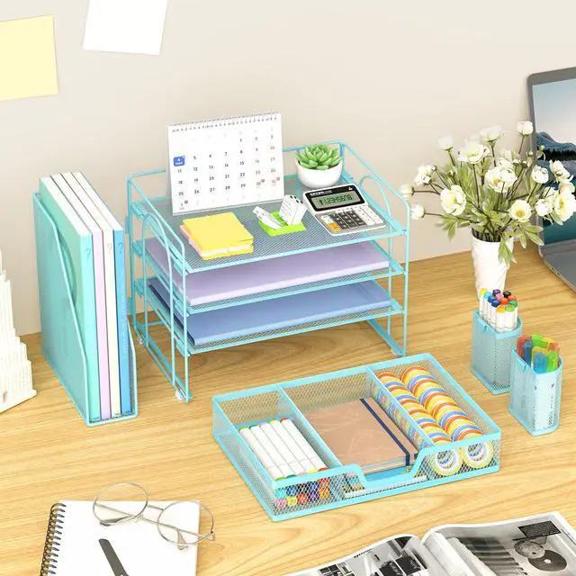 Alt view image 5 of 7 - Desk Organizer and Accessories4-Tier Paper Letter Tray Organizer with File Holder, Desk Accessories & Workspace Organizers with Drawer and 2 Pen Holder (Blue, 15.4" x 9.1" x 8.3")