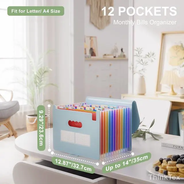 Alt view image 2 of 5 - Accordion File Organizer, 12 - Pocket Expanding File Folders for Paper Receipts, Bill&Taxes Organizer, Letter/A4 Size Document Holder for School, Office, Home with Colorful tabs-Light Blue