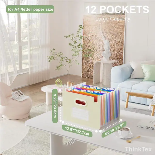 Alt view image 2 of 5 - Accordion File Organizer, 12 - Pocket Expanding File Folders Upright & Open Top,for Paper Receipts, Bills&Taxes Organizer, Letter/A4 Size for School, Office, Home with tab- Beige Color