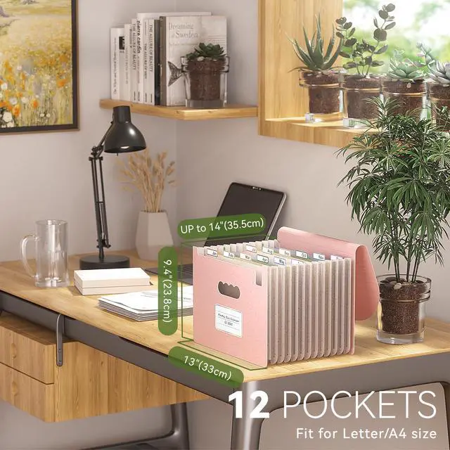Alt view image 2 of 6 - Accordion File Organizer, 12-Pocket Wheat Straw Expanding File Folder, Portable Monthly Bill & Tax Receipt Organizer, Letter/A4 Size Document Holder with Colorful Tabs-Strawberry Pink
