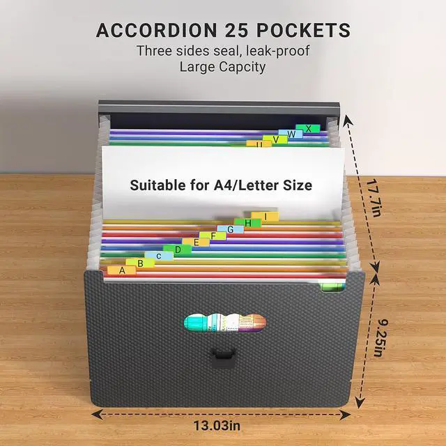Alt view image 3 of 7 - Expanding File Folders,Accordion File Organizer,25 Pockets Expandable File Folder with Plastic Handle,Portable Filing Box,Monthly Bill Receipt Paper and Document Organizer,Colored Tabs,A4/Letter Size
