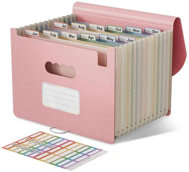 Main image of Accordion File Organizer, 12-Pocket Wheat Straw Expanding File Folder, Portable Monthly Bill & Tax Receipt Organizer, Letter/A4 Size Document Holder with Colorful Tabs-Strawberry Pink