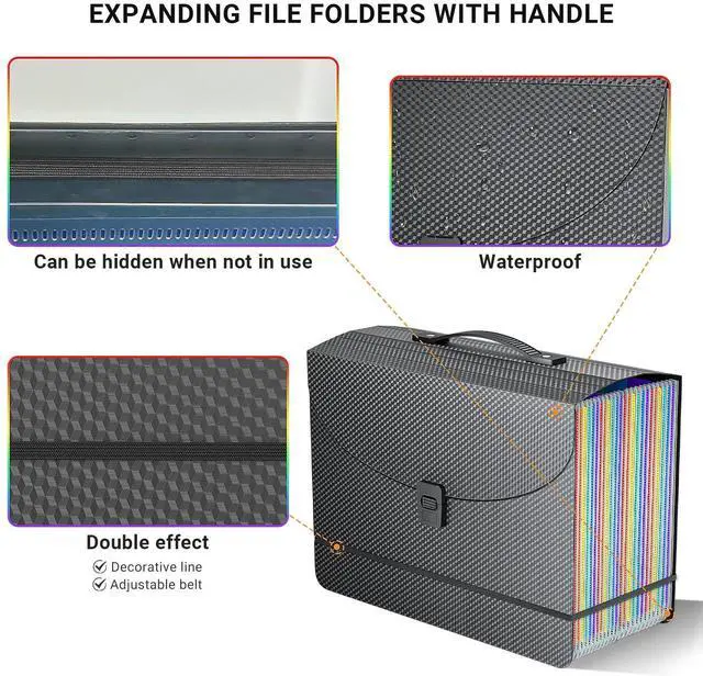 Alt view image 5 of 7 - Expanding File Folders,Accordion File Organizer,25 Pockets Expandable File Folder with Plastic Handle,Portable Filing Box,Monthly Bill Receipt Paper and Document Organizer,Colored Tabs,A4/Letter Size