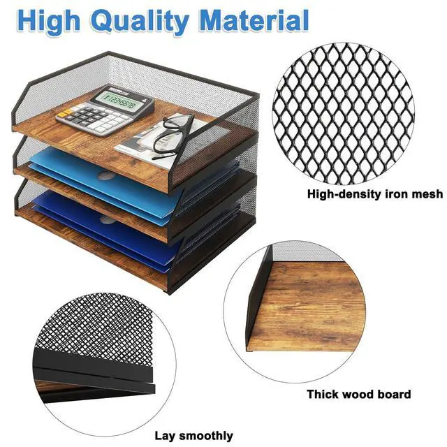 Alt view image 3 of 7 - 3-Tier Stackable Paper Tray, Metal Mesh Desktop Organizer, Paper Sorter, Letter Trays,File Document Storage Rack for for Home, Office, School (Retro)