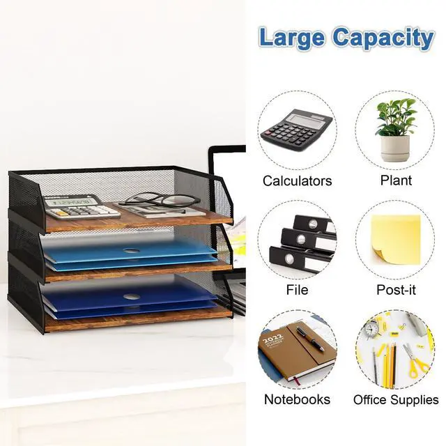 Alt view image 4 of 7 - 3-Tier Stackable Paper Tray, Metal Mesh Desktop Organizer, Paper Sorter, Letter Trays,File Document Storage Rack for for Home, Office, School (Retro)