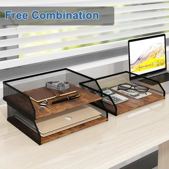 Alt view image 5 of 7 - 3-Tier Stackable Paper Tray, Metal Mesh Desktop Organizer, Paper Sorter, Letter Trays,File Document Storage Rack for for Home, Office, School (Retro)