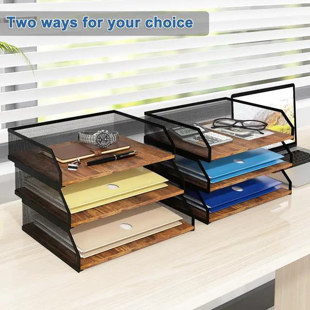 Alt view image 6 of 7 - 3-Tier Stackable Paper Tray, Metal Mesh Desktop Organizer, Paper Sorter, Letter Trays,File Document Storage Rack for for Home, Office, School (Retro)