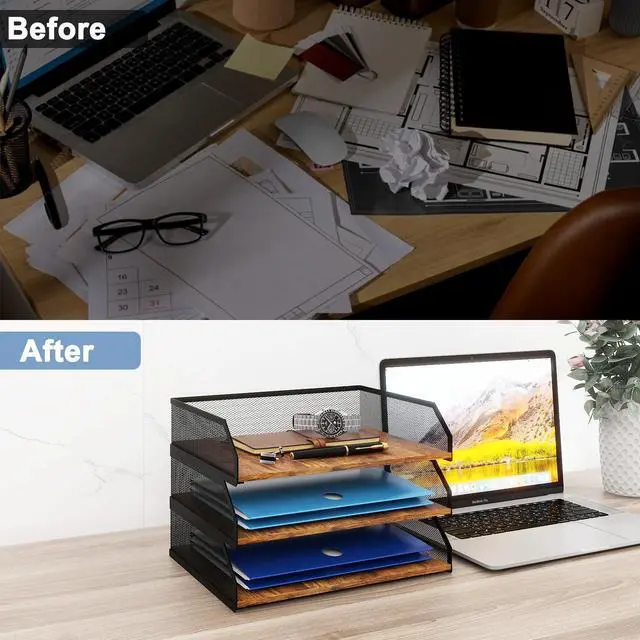 Alt view image 7 of 7 - 3-Tier Stackable Paper Tray, Metal Mesh Desktop Organizer, Paper Sorter, Letter Trays,File Document Storage Rack for for Home, Office, School (Retro)