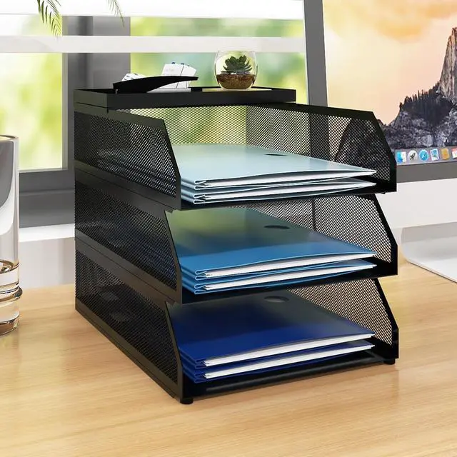 Main image of 3-Tier Desk Organizer,Desk Accessories, Stackable Paper Tray, Metal Mesh Desktop Organizer, Paper Sorter, Letter Trays,File Document Storage Rack for for Home, Office, School (Black)
