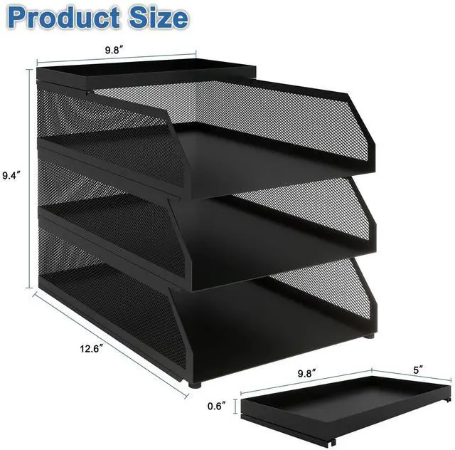 Alt view image 2 of 7 - 3-Tier Desk Organizer,Desk Accessories, Stackable Paper Tray, Metal Mesh Desktop Organizer, Paper Sorter, Letter Trays,File Document Storage Rack for for Home, Office, School (Black)