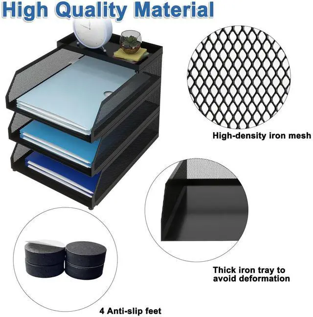 Alt view image 3 of 7 - 3-Tier Desk Organizer,Desk Accessories, Stackable Paper Tray, Metal Mesh Desktop Organizer, Paper Sorter, Letter Trays,File Document Storage Rack for for Home, Office, School (Black)