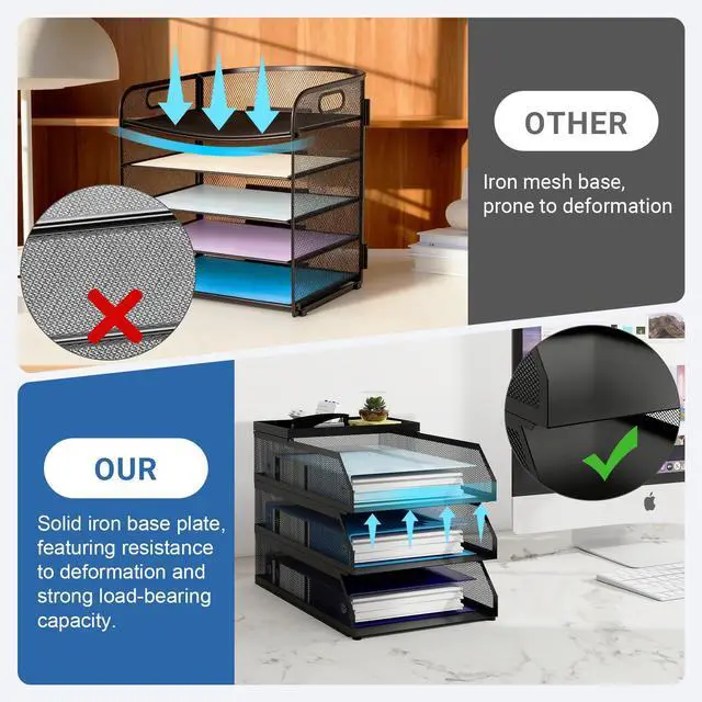 Alt view image 6 of 7 - 3-Tier Desk Organizer,Desk Accessories, Stackable Paper Tray, Metal Mesh Desktop Organizer, Paper Sorter, Letter Trays,File Document Storage Rack for for Home, Office, School (Black)