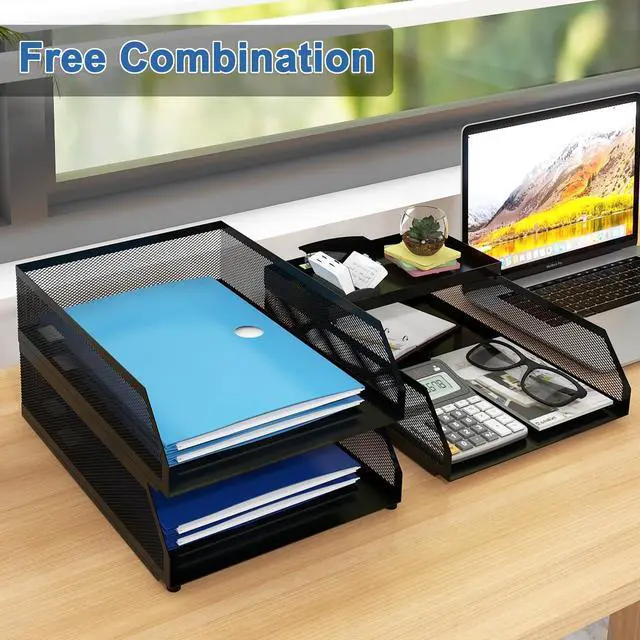 Alt view image 4 of 7 - 3-Tier Desk Organizer,Desk Accessories, Stackable Paper Tray, Metal Mesh Desktop Organizer, Paper Sorter, Letter Trays,File Document Storage Rack for for Home, Office, School (Black)