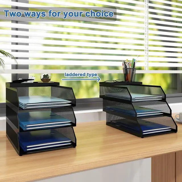Alt view image 5 of 7 - 3-Tier Desk Organizer,Desk Accessories, Stackable Paper Tray, Metal Mesh Desktop Organizer, Paper Sorter, Letter Trays,File Document Storage Rack for for Home, Office, School (Black)