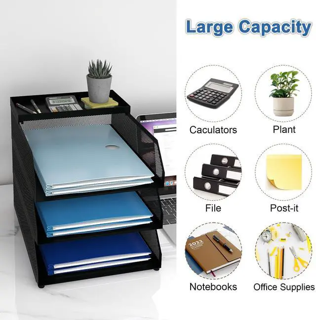 Alt view image 7 of 7 - 3-Tier Desk Organizer,Desk Accessories, Stackable Paper Tray, Metal Mesh Desktop Organizer, Paper Sorter, Letter Trays,File Document Storage Rack for for Home, Office, School (Black)