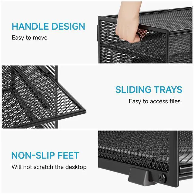 Alt view image 3 of 7 - 3-Tier Letter Tray Desk Organizer, Mesh Metal Paper File Tray Organizer for Desk, Office Supplies & Home Organization, Fits A4 Paper, Mail, Magazines & Office Accessories (Black with Handle)
