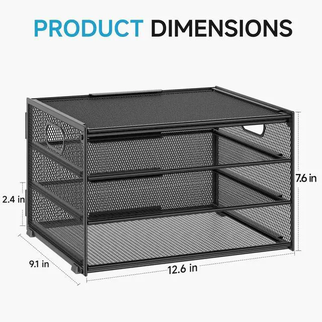 Alt view image 6 of 7 - 3-Tier Letter Tray Desk Organizer, Mesh Metal Paper File Tray Organizer for Desk, Office Supplies & Home Organization, Fits A4 Paper, Mail, Magazines & Office Accessories (Black with Handle)