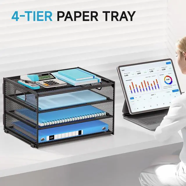 Alt view image 4 of 7 - 3-Tier Letter Tray Desk Organizer, Mesh Metal Paper File Tray Organizer for Desk, Office Supplies & Home Organization, Fits A4 Paper, Mail, Magazines & Office Accessories (Black with Handle)