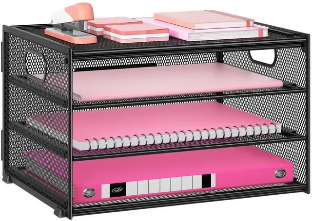 Main image of 3-Tier Letter Tray Desk Organizer, Mesh Metal Paper File Tray Organizer for Desk, Office Supplies & Home Organization, Fits A4 Paper, Mail, Magazines & Office Accessories (Black with Handle)