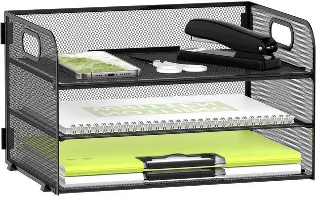 Main image of 3 Tier Paper Organizer with Handle, Mesh Metal Desk Organizer with Sliding Paper Trays for Letter/A4 Paper, Mail, Bills & Folders, Black