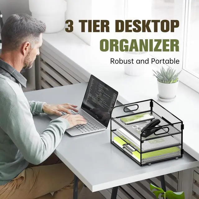 Alt view image 2 of 6 - 3 Tier Paper Organizer with Handle, Mesh Metal Desk Organizer with Sliding Paper Trays for Letter/A4 Paper, Mail, Bills & Folders, Black