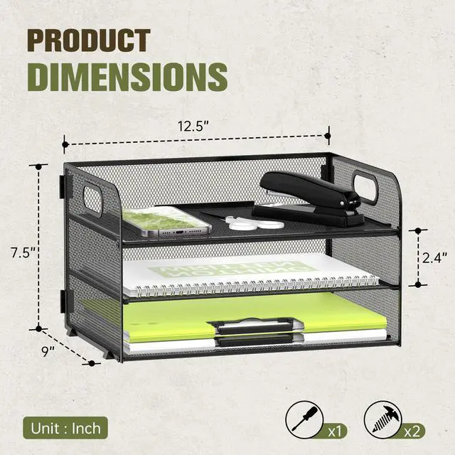 Alt view image 3 of 6 - 3 Tier Paper Organizer with Handle, Mesh Metal Desk Organizer with Sliding Paper Trays for Letter/A4 Paper, Mail, Bills & Folders, Black