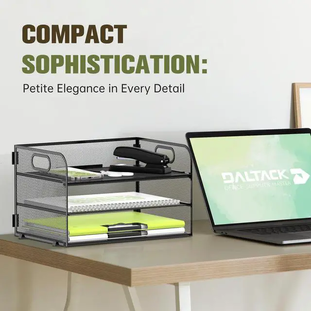 Alt view image 5 of 6 - 3 Tier Paper Organizer with Handle, Mesh Metal Desk Organizer with Sliding Paper Trays for Letter/A4 Paper, Mail, Bills & Folders, Black
