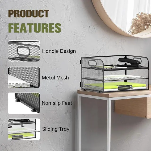 Alt view image 4 of 6 - 3 Tier Paper Organizer with Handle, Mesh Metal Desk Organizer with Sliding Paper Trays for Letter/A4 Paper, Mail, Bills & Folders, Black