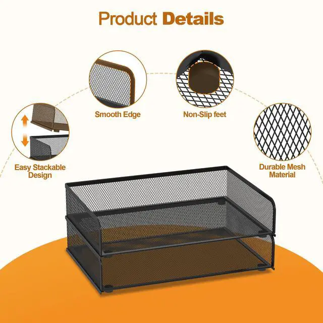 Alt view image 4 of 6 - 2-Pack Metal Mesh Stackable Paper Letter Trays Organizer for Classroom,Office Desk File Sorter Holder Organizer Storage Box for Letter/A4 Size Folder Documents-Black