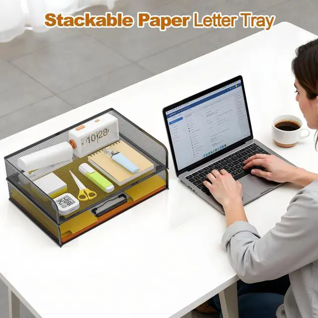 Alt view image 5 of 6 - 2-Pack Metal Mesh Stackable Paper Letter Trays Organizer for Classroom,Office Desk File Sorter Holder Organizer Storage Box for Letter/A4 Size Folder Documents-Black