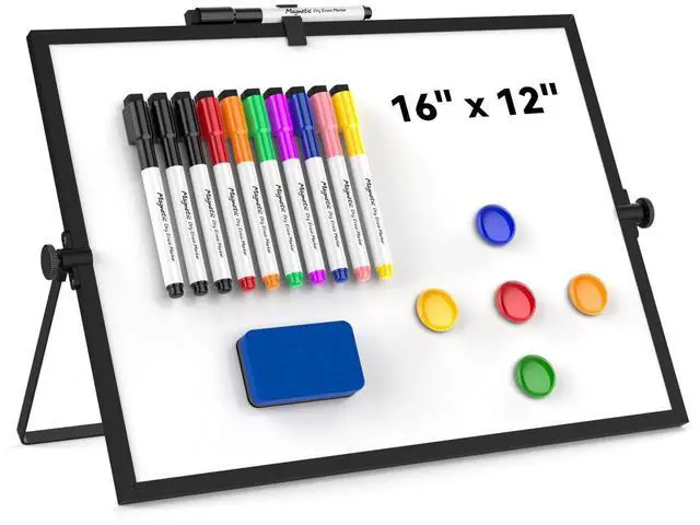 Main image of Dry Erase White Board, Magnetic Desktop Whiteboard 16 x 12inch with Stand, 10 Markers, 4 Magnets and 1 Eraser, Portable Double-Sided White Board for Kids Drawing, Office, Home, School - Black