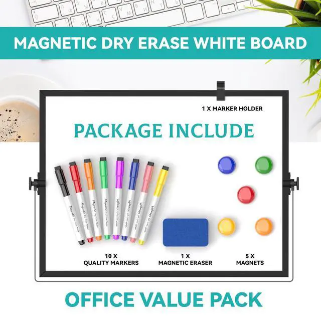 Alt view image 2 of 6 - Dry Erase White Board, Magnetic Desktop Whiteboard 16 x 12inch with Stand, 10 Markers, 4 Magnets and 1 Eraser, Portable Double-Sided White Board for Kids Drawing, Office, Home, School - Black