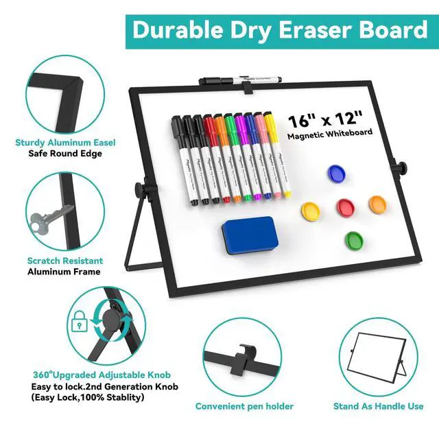 Alt view image 4 of 6 - Dry Erase White Board, Magnetic Desktop Whiteboard 16 x 12inch with Stand, 10 Markers, 4 Magnets and 1 Eraser, Portable Double-Sided White Board for Kids Drawing, Office, Home, School - Black