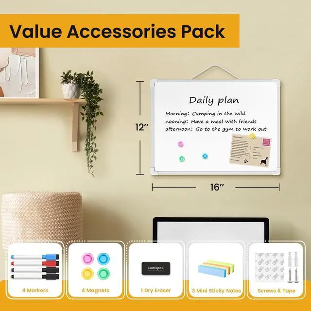 Alt view image 2 of 7 - Small Dry Erase Board for Wall, 16" x 12" Double-Sided Hanging Whiteboard, Magnetic White Board with 4 Markers, 4 Magnets and 3 Mini Sticky Notes, Portable Whiteboard for Kids, School, Home, Office