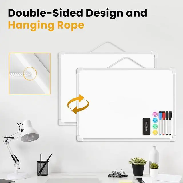 Alt view image 4 of 7 - Small Dry Erase Board for Wall, 16" x 12" Double-Sided Hanging Whiteboard, Magnetic White Board with 4 Markers, 4 Magnets and 3 Mini Sticky Notes, Portable Whiteboard for Kids, School, Home, Office