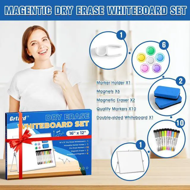 Alt view image 2 of 7 - Magnetic Dry Erase Board with Stand, 16''x12'' Desktop Whiteboard Double-Sided White Board with Stand, Large White Board, Desk Whiteboard Portable, Dry Erase Board for Home, School, Office