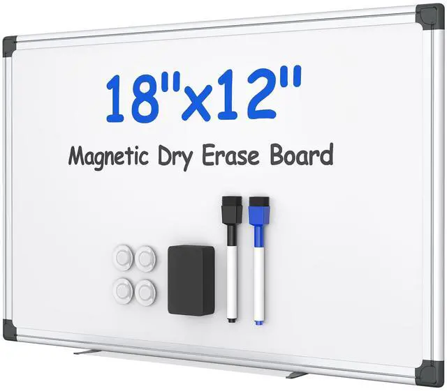 Main image of Magnetic White Board Kit for Wall 18" x 12", 1 Dry Eraser & 2 Multicolor Markers & 4 Magnetic Pins, Sliver Reinforced Aluminum Frame for Home, School, Office