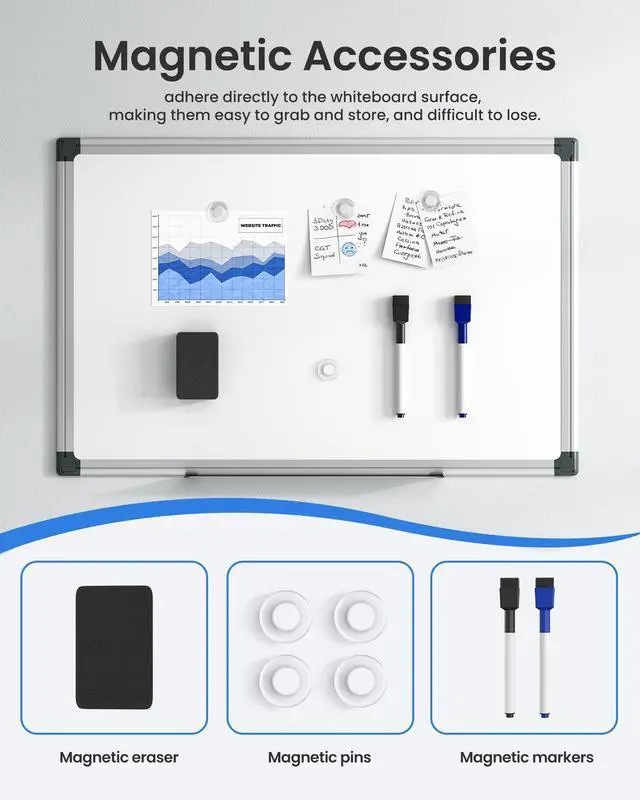 Alt view image 3 of 7 - Magnetic White Board Kit for Wall 18" x 12", 1 Dry Eraser & 2 Multicolor Markers & 4 Magnetic Pins, Sliver Reinforced Aluminum Frame for Home, School, Office