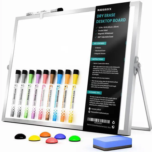Main image of Dry Erase White Board with Stand,Double-Sided Whiteboard 16"x12", 10 Markers,6 Magnets, 1 Eraser,Portable Desktop Whiteboard for Planning,Colorful Weekly Schedule Board for School for Home