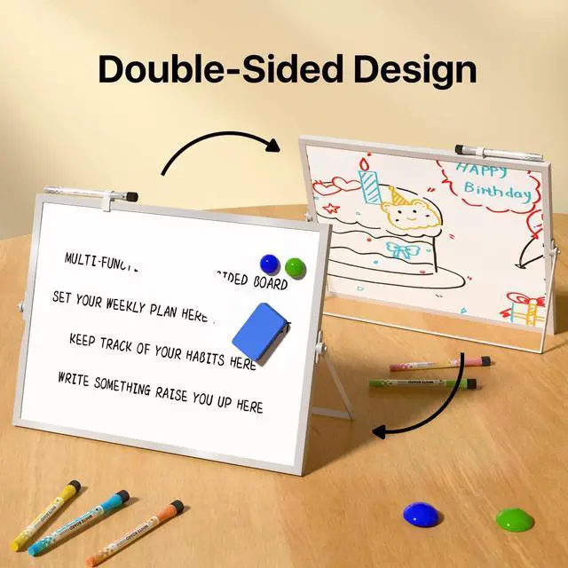 Alt view image 2 of 7 - Dry Erase White Board with Stand,Double-Sided Whiteboard 16"x12", 10 Markers,6 Magnets, 1 Eraser,Portable Desktop Whiteboard for Planning,Colorful Weekly Schedule Board for School for Home
