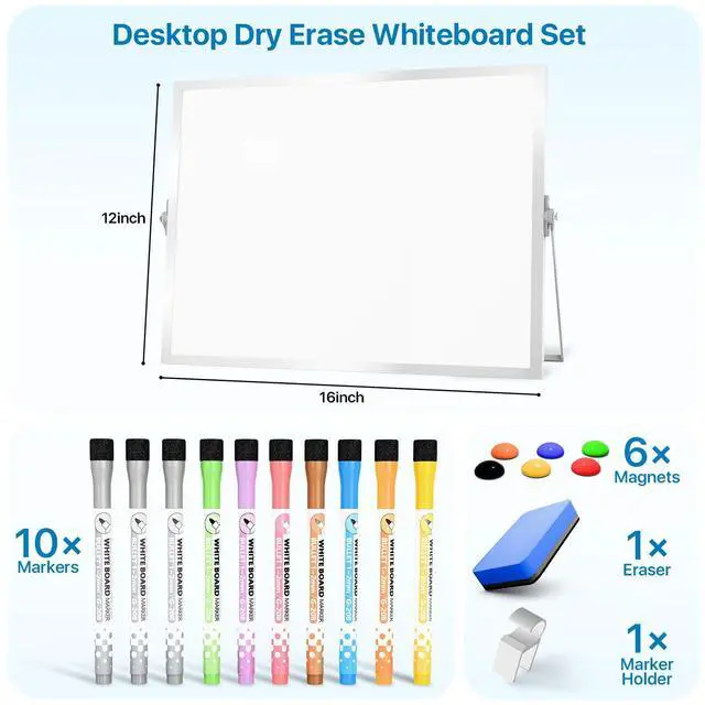 Alt view image 3 of 7 - Dry Erase White Board with Stand,Double-Sided Whiteboard 16"x12", 10 Markers,6 Magnets, 1 Eraser,Portable Desktop Whiteboard for Planning,Colorful Weekly Schedule Board for School for Home