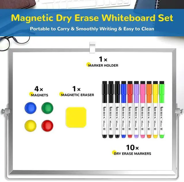 Alt view image 2 of 7 - Dry Erase White Board, 16inX12in Large Magnetic Desktop Whiteboard with Stand, 10 Markers, 4 Magnets, 1 Eraser, Portable Double-Sided White Board Easel for Memo to Do List Desk Office