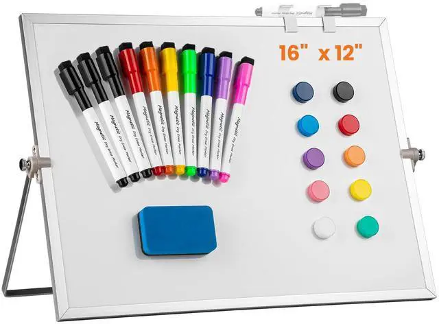 Main image of Dry Erase White Board, 16 x 12inch Magnetic Desktop Whiteboard with Stand,10 Markers, 10 Magnets and 1 Eraser, Portable Double-Sided White Board for Kid Drawing Memo to Do and List Wall-White