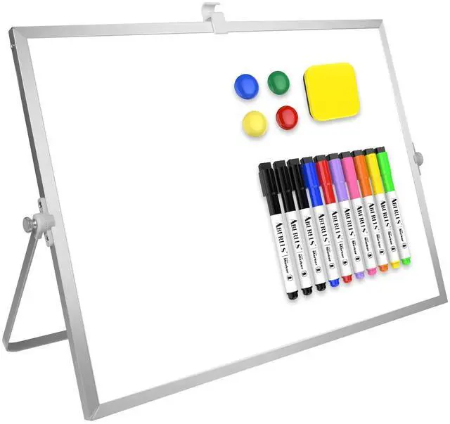 Main image of Dry Erase White Board, 16inX12in Large Magnetic Desktop Whiteboard with Stand, 10 Markers, 4 Magnets, 1 Eraser, Portable Double-Sided White Board Easel for Memo to Do List Desk Office