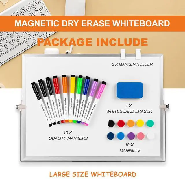 Alt view image 2 of 6 - Dry Erase White Board, 16 x 12inch Magnetic Desktop Whiteboard with Stand,10 Markers, 10 Magnets and 1 Eraser, Portable Double-Sided White Board for Kid Drawing Memo to Do and List Wall-White