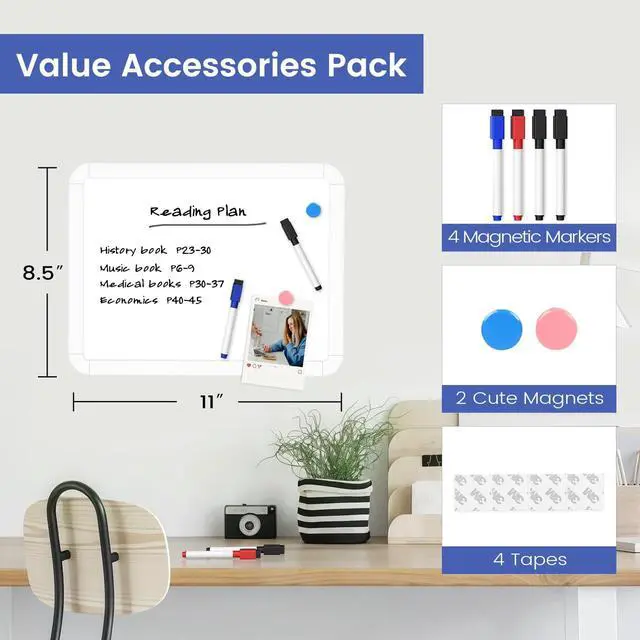 Alt view image 3 of 7 - Small Dry Erase White Board, 8.5" x 11" Mini Double-Sided Magnetic Surface Board, Portable Whiteboard with 4 Markers & 2 Magnets for Wall, Kids, Students, School, Fridge, Home & Office