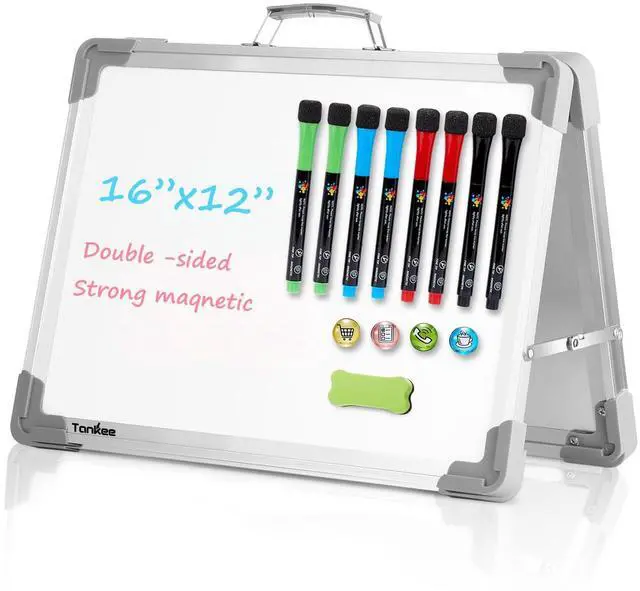 Main image of Small Dry Erase White Board Magnetic Desktop Foldable Whiteboard Portable Mini Easel Double Sided on Table Top with Holder for Drawing, Teacher Instruction, Memo Board