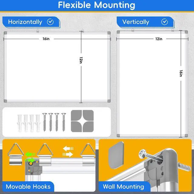 Alt view image 2 of 7 - Magnetic Whiteboard, Dry Erase Board, 16x12 Inches, Wall Mounted White Board with Pen Tray, Aluminum Frame, Includes 1 Eraser, 2 Markers, 4 Magnets