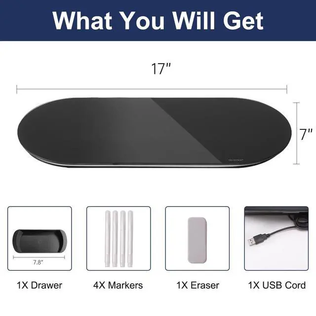 Alt view image 2 of 7 - Glass Desktop Whiteboard - 17 X 7 Inches Small Dry Erase Board with Blue Light, Glass White Board Surface Notepad with 1 Drawer, Desk Organizers for Office, Home, School Supplies (Black)
