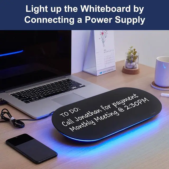 Alt view image 6 of 7 - Glass Desktop Whiteboard - 17 X 7 Inches Small Dry Erase Board with Blue Light, Glass White Board Surface Notepad with 1 Drawer, Desk Organizers for Office, Home, School Supplies (Black)